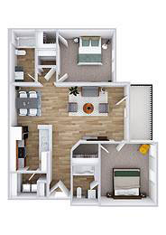 A floor plan of a two-story house with a living room, two bedrooms, a kitchen, and a bathroom.