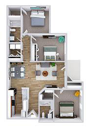 A 3D floor plan of a house with a kitchen, living room, and two bedrooms.