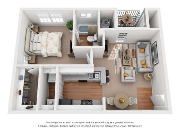 A 3D floor plan of a small apartment with a kitchen, living room, and bedroom.