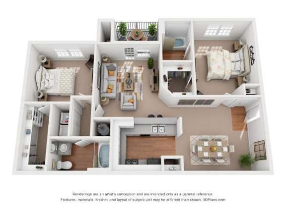A 3D floor plan of a house with a kitchen, living room, dining room, and bedrooms.