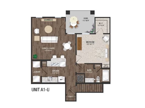 A floor plan of a unit labeled A1-U shows a kitchen, living room, and bathroom.