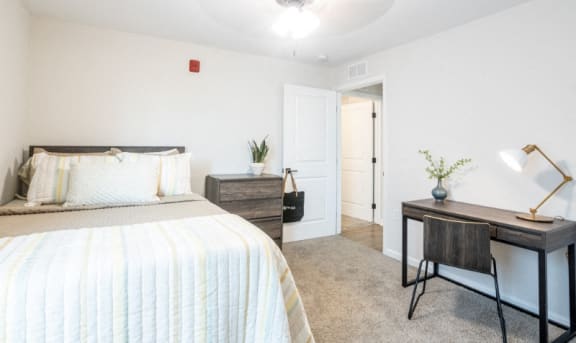 a bedroom with a bed and a desk