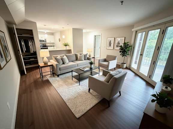 A living room with a white couch and a coffee table.