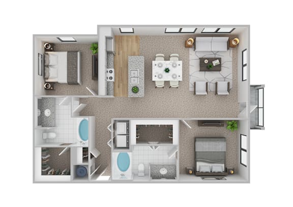 A floor plan of a house with two bedrooms, a living room, a kitchen, and a bathroom.