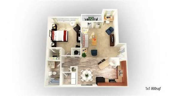 Floor Plan  A floor plan of a house with a kitchen, living room, and two bedrooms.