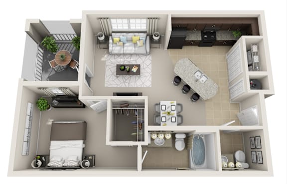 A top-down view of a small apartment with a kitchen, living room, and bathroom.