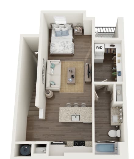 A top-down view of a small apartment with a bedroom, living room, and kitchen.
