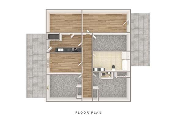 A floor plan of a house with a kitchen, living room, and two bedrooms.