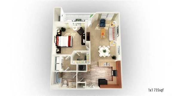 Floor Plan  A floor plan of a one bedroom apartment with a living room, kitchen, and bathroom.