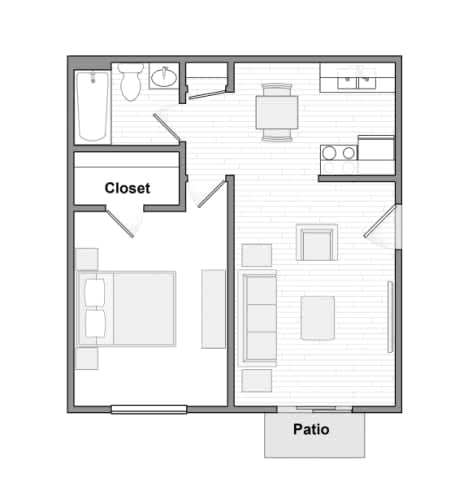 A floor plan of a house with a closet and patio.