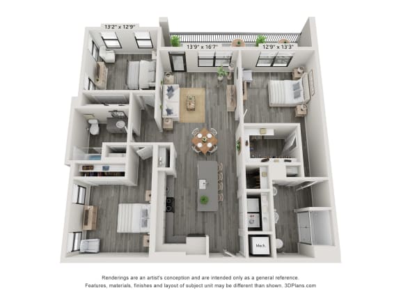 3 bedroom 2 bathroom floor plan at The Cannon Apartments, Tennessee, 37130