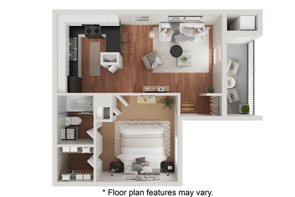 A detailed floor plan of a residential apartment with a living room, kitchen, and bedrooms.