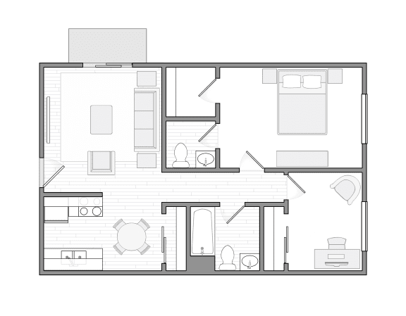 A black and white floor plan of a house with a kitchen, living room, dining room, and two bedrooms.