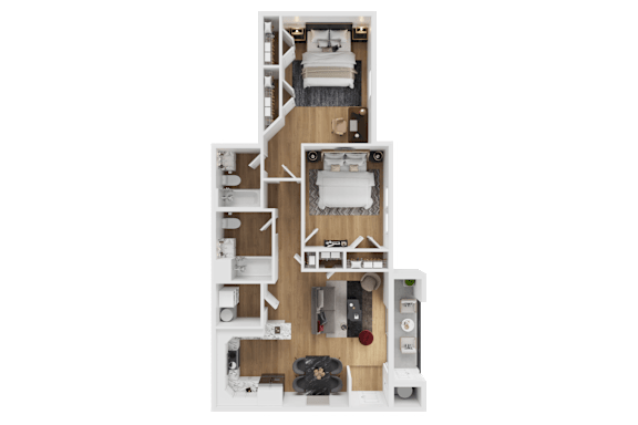 A detailed 3D floor plan of a small apartment.