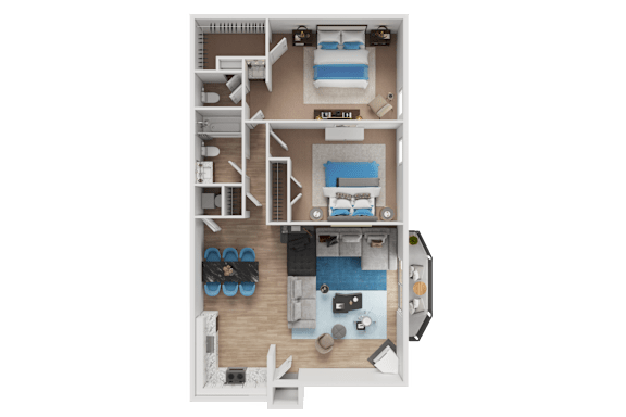 A 3D floor plan of a small apartment with a kitchen, living room, and bathroom.