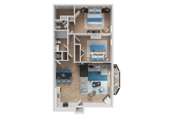 Floor Plan  A 3D floor plan of a small apartment with a kitchen, living room, and bathroom.