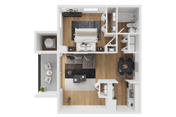 A top-down view of a small apartment with a kitchen, living room, and bathroom.