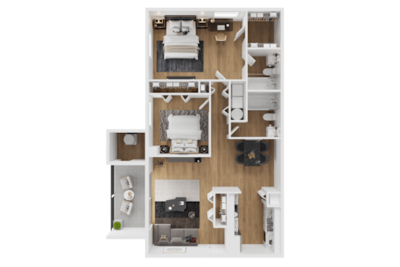 A top-down view of a small apartment layout with a kitchen, living room, and two bedrooms.
