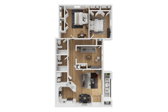 A detailed floor plan of a two-story residential apartment.