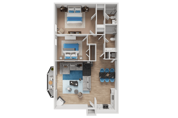 Floor Plan  A detailed 3D floor plan of a small apartment layout.