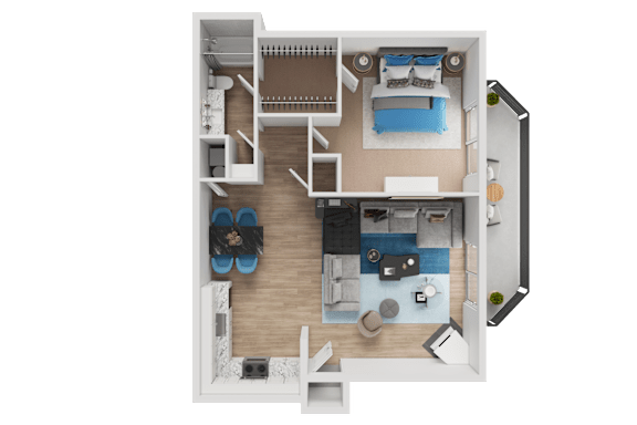 Floor Plan  A 3D rendered image of a small apartment layout.
