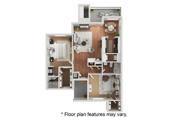 A floor plan of a house with a kitchen, living room, and two bedrooms.