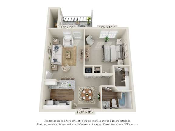A 3D floor plan of a small apartment with a kitchen, living room, and bathroom.