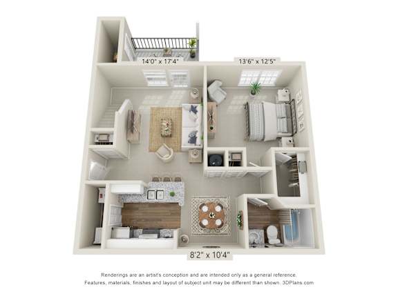 A 3D floor plan of a house with a kitchen, living room, and two bedrooms.