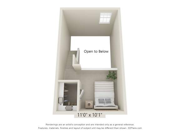 A 3D image of a small apartment with a bedroom, living room, and kitchen.