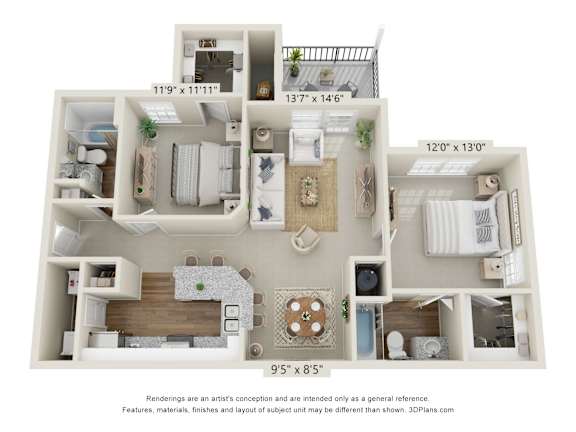 A 3D floor plan of a small apartment with a kitchen, living room, and bathroom.