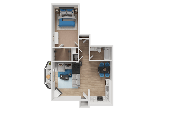 Floor Plan  A top-down view of a small apartment layout with a bedroom, living room, and kitchen.