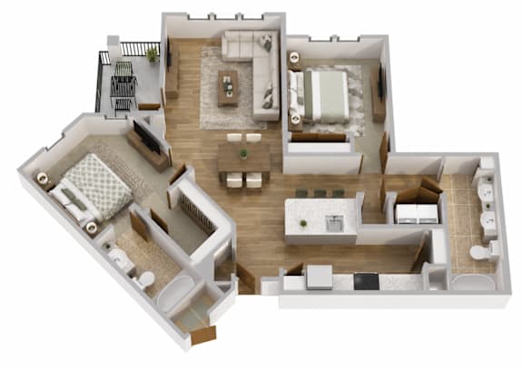 A 3D floor plan of a house with multiple rooms and furniture.