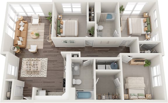 A top-down view of a modern, well-organized apartment with a kitchen, living room, and bedrooms.
