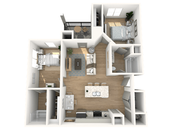 A 3D floor plan of a house with a kitchen, living room, and bedrooms.