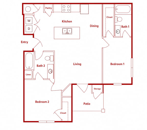 A red floor plan of a house with labeled rooms.