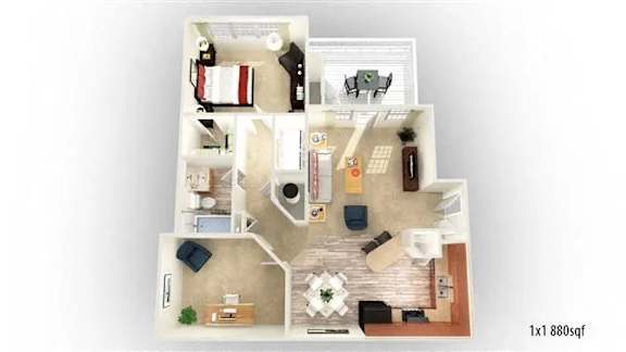 Floor Plan  A floor plan of a house with a kitchen, living room, and two bedrooms.
