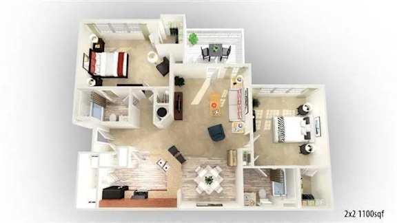 Floor Plan  A 3D floor plan of a house with a living room, kitchen, dining room, and two bedrooms.