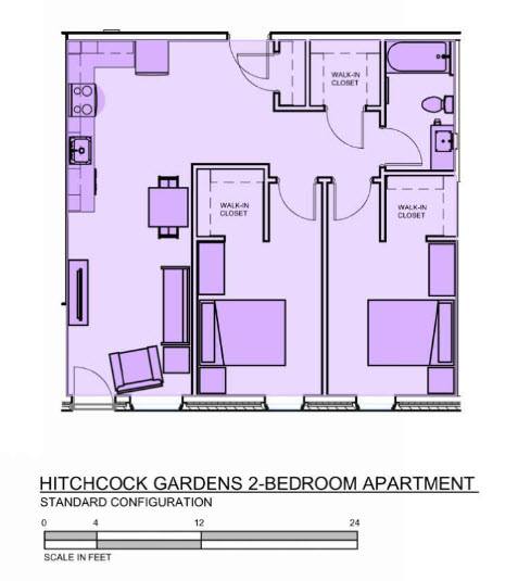 A floor plan of the Hitchcock Gardens 2-bedroom apartment.