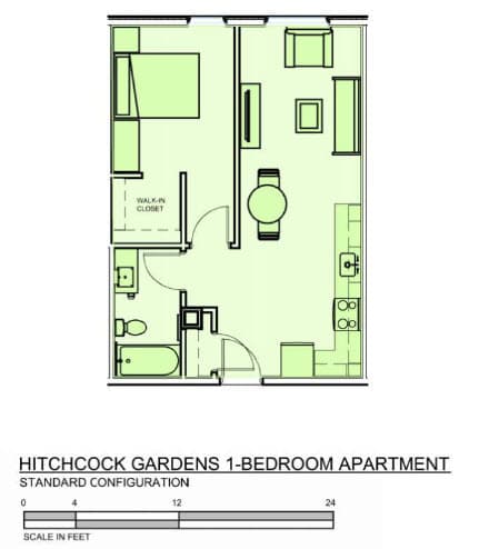 A floor plan of a one bedroom apartment at Hitchcock Gardens.