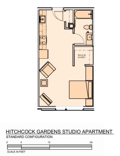 A floor plan of the Hitchcock Gardens Studio Apartment.