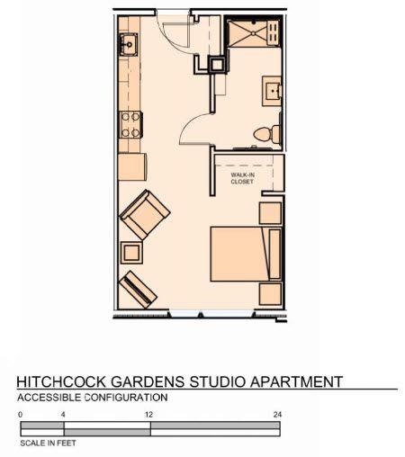 A floor plan of the Hitchcock Gardens Studio Apartment showing an accessible configuration.