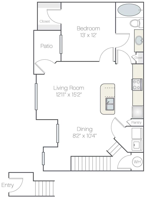 A floor plan of a home with a living room, dining room, kitchen, and bathroom.