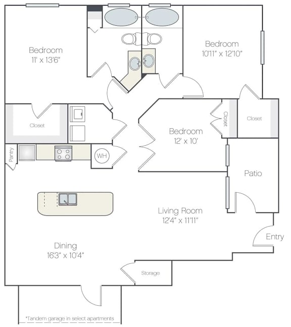 A floor plan of an apartment with a living room, dining room, pantry, and three bedrooms.
