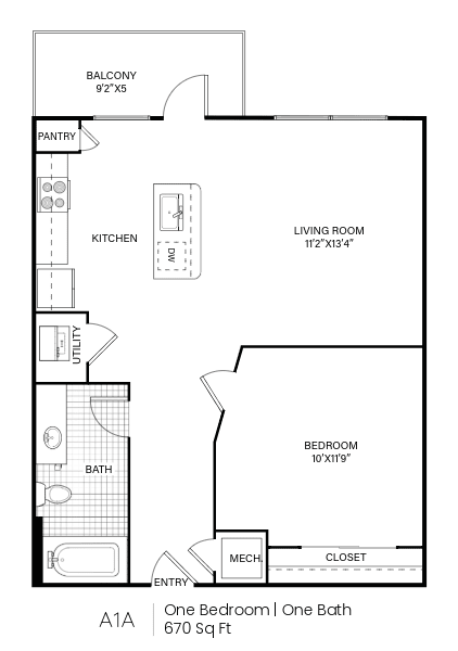 A one bedroom apartment with one bath is 670 square feet.