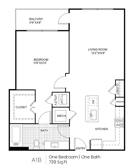 A1B floor plan of a one bedroom apartment with one bath.