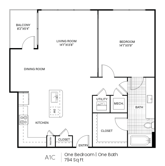 A floor plan of a one bedroom apartment with 794 square feet.