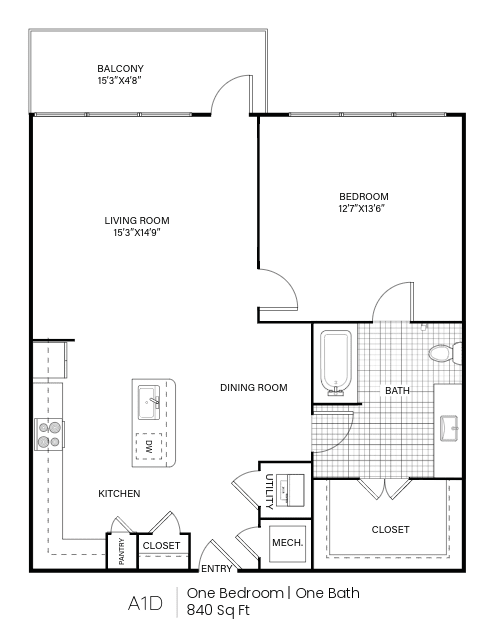 A 1 bedroom and 1 bathroom apartment is 840 square feet.