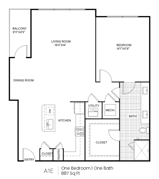 A floor plan of a one bedroom apartment with one bath.