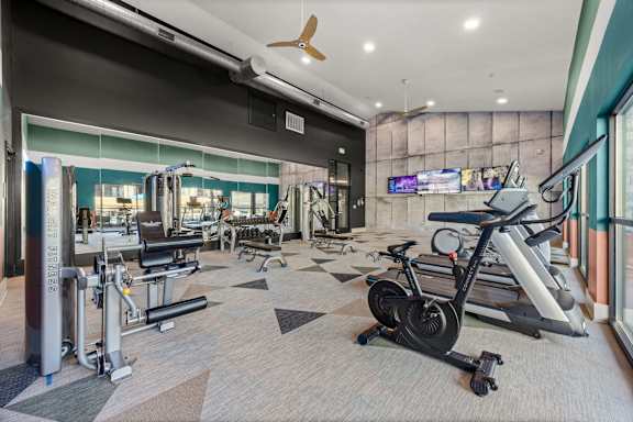 A gym with a variety of equipment including treadmills, weights, and a television. at Bridge at Tech Crossing, Austin, Texas