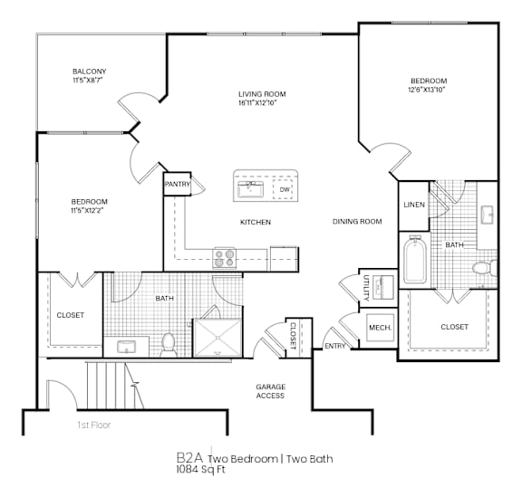 A drawing of a two bedroom apartment with two bathrooms.